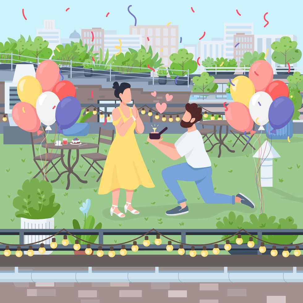 Surprise marriage proposal flat color vector illustration