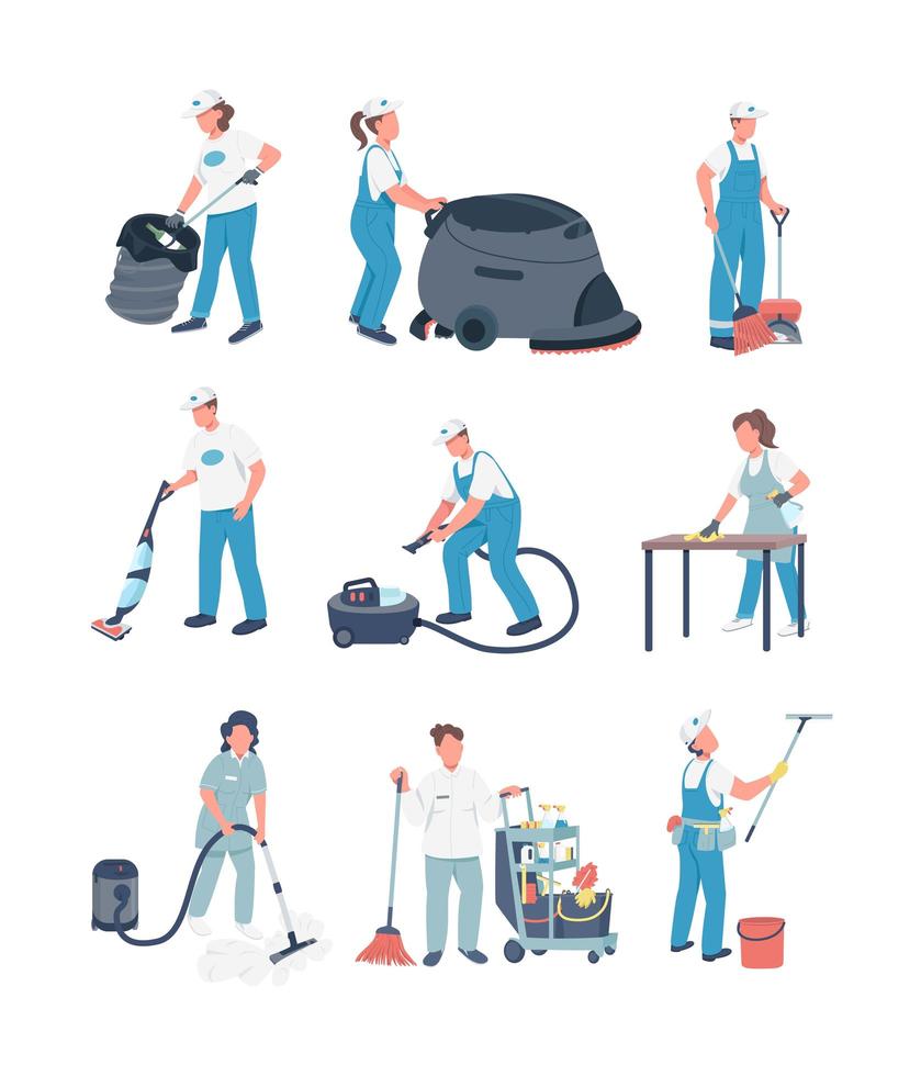 Janitors flat color vector faceless characters set