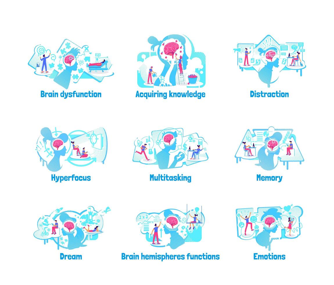 Conjunto de ilustración de vector de concepto plano de procesos de mentalidad