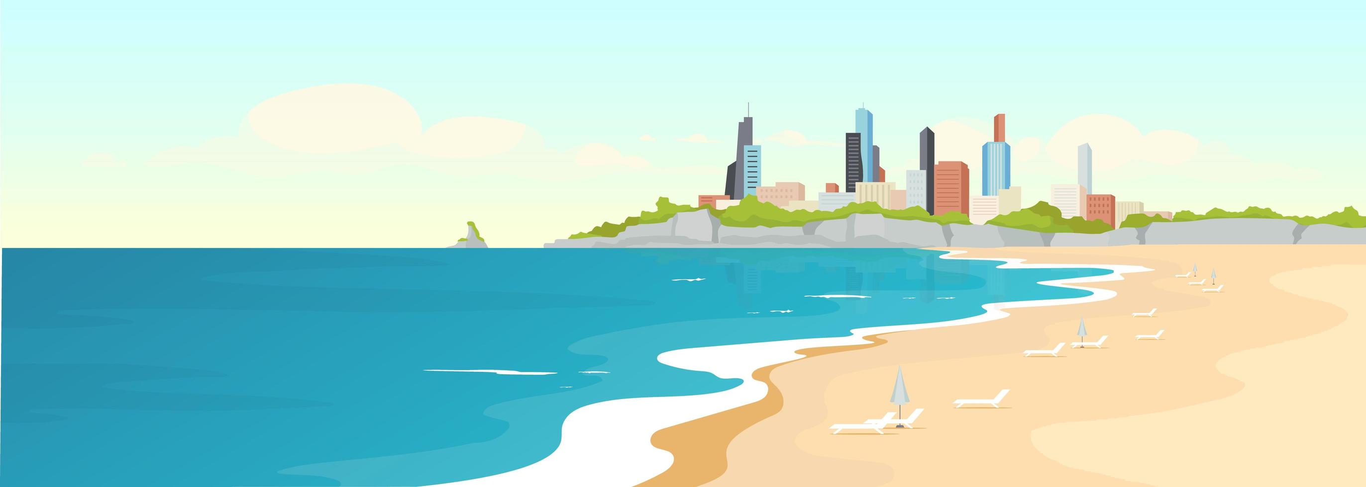 Sandy urban beach flat color vector illustration