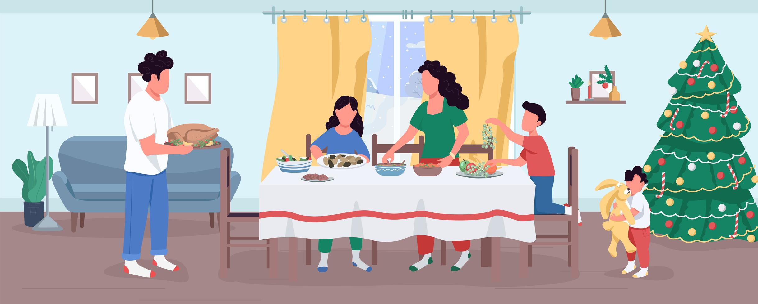 Ilustración de vector semi plano de preparación de cena de Navidad