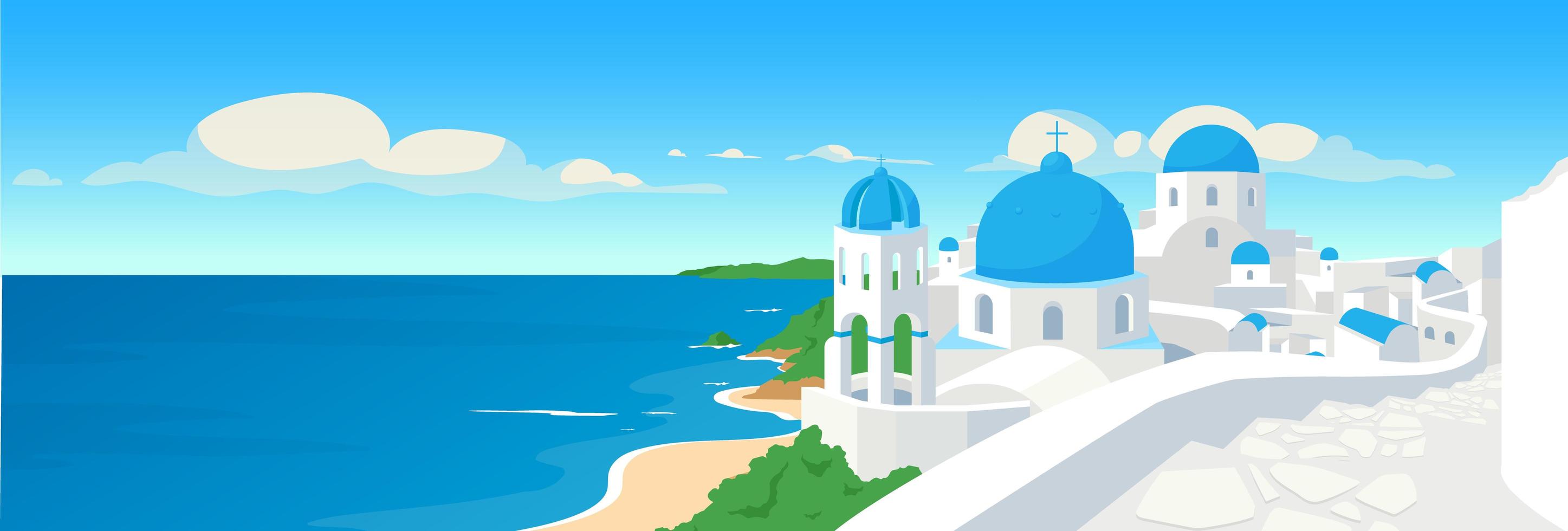 Ilustración de vector de color plano de ciudad costera griega