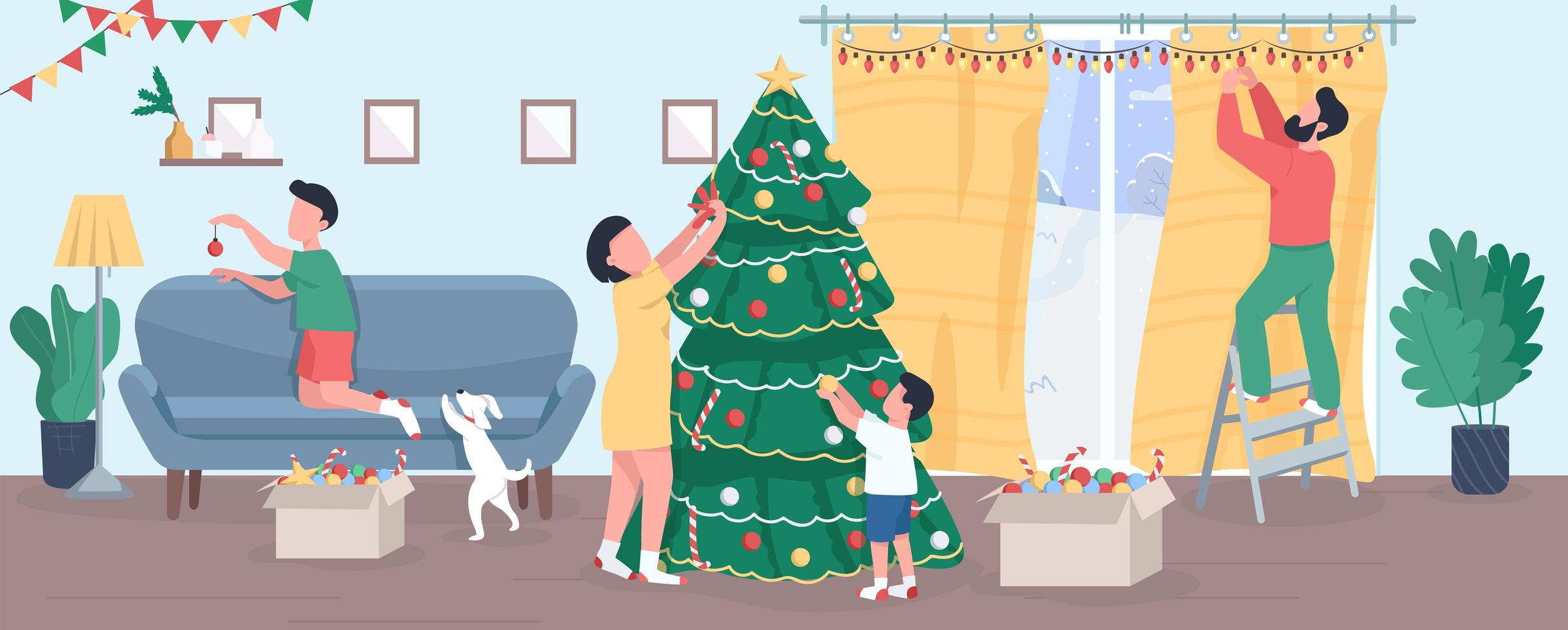 Family decorate Christmas tree semi flat vector illustration