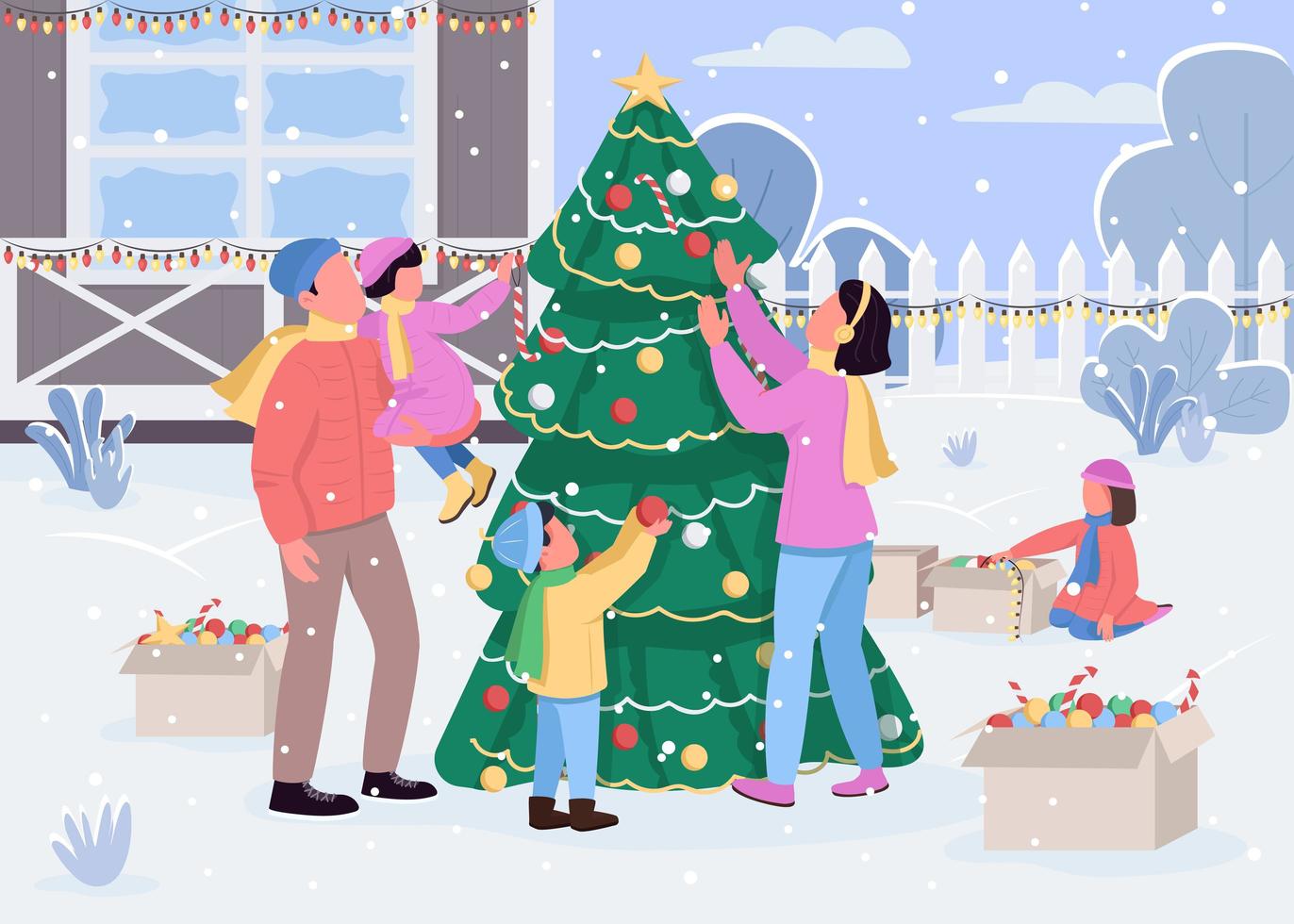 Family decorate xmas tree flat color vector illustration