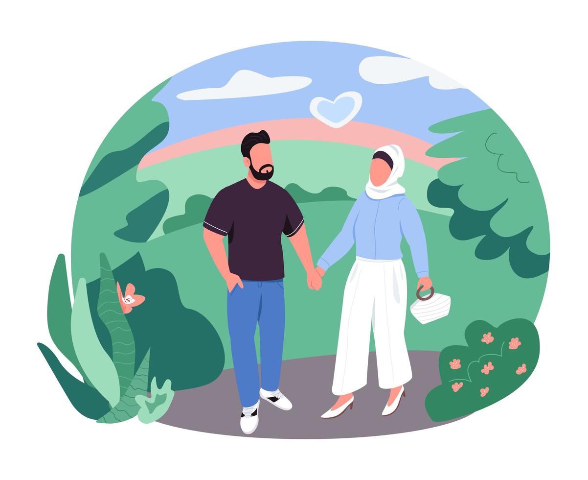 pareja árabe en caminata 2d vector web banner, cartel