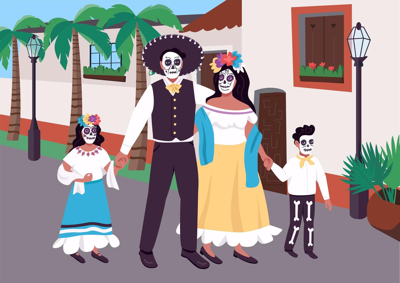 familia mexicana en la ilustración de vector de color plano de carnaval