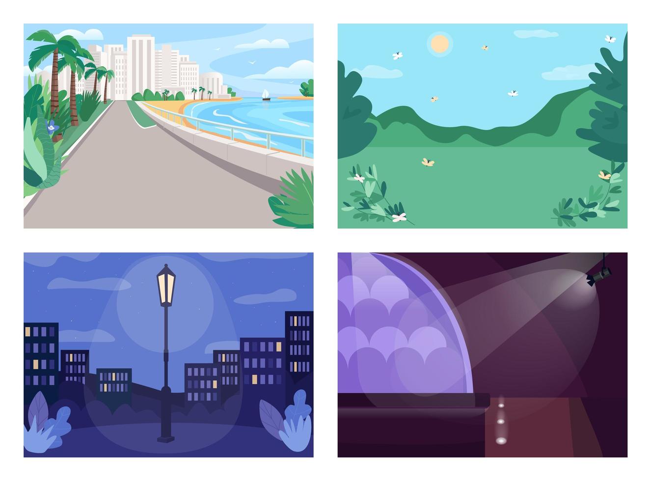 Vacation place flat color vector illustration set