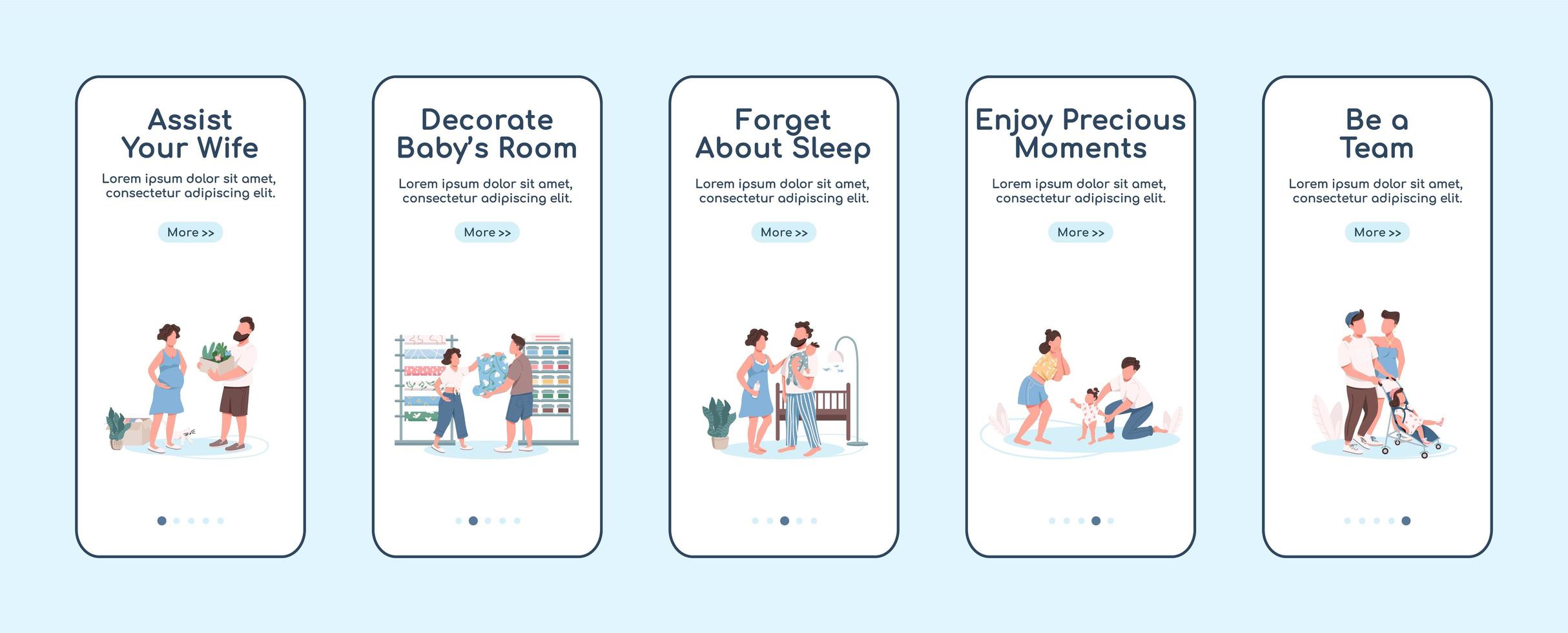 Young parents onboarding mobile app screen flat vector template