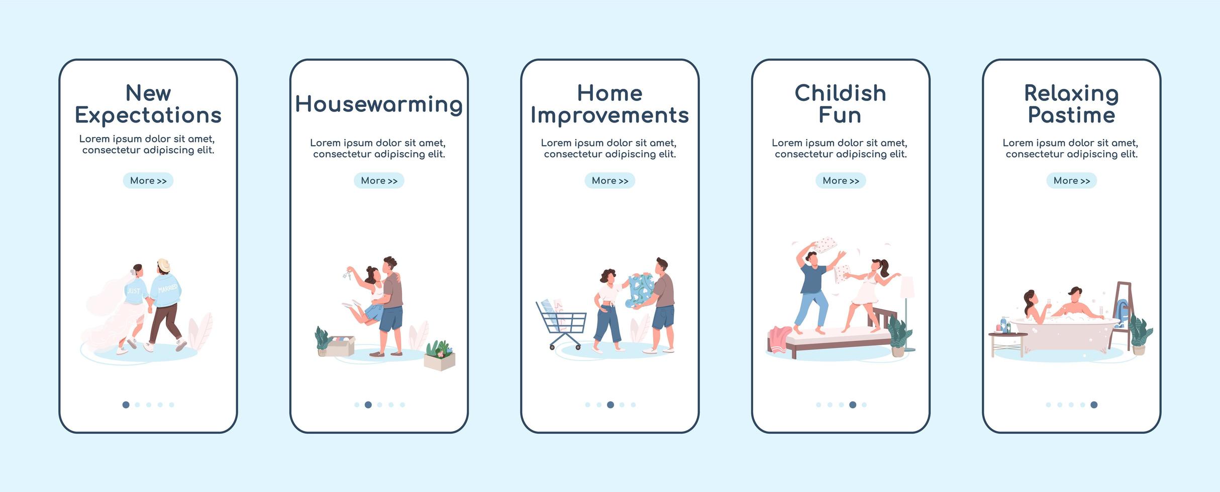 Married couple lifestyle onboarding mobile app screen flat vector template