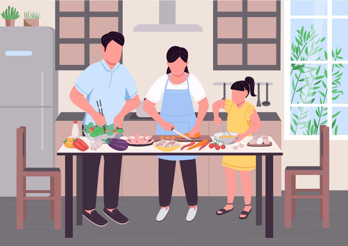 Familia cocinando juntos ilustración de vector de color plano