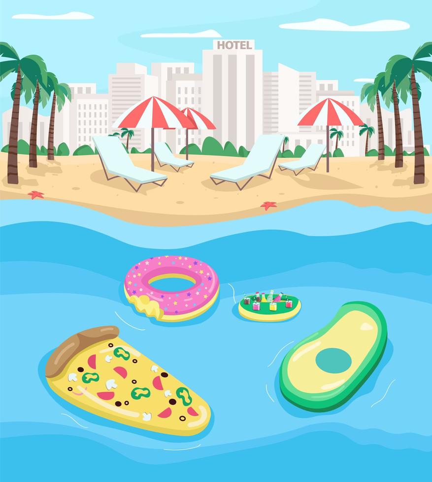 Ilustración de vector de color plano de playa turística