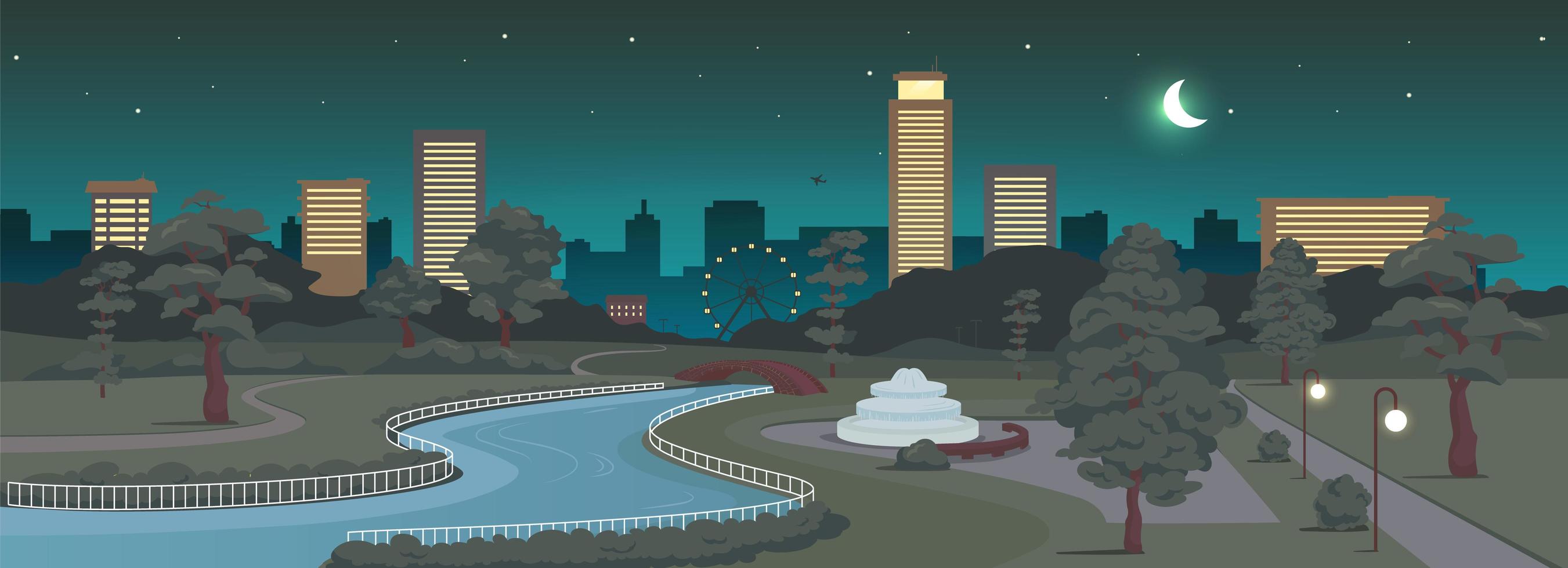 Urban park at night flat color vector illustration