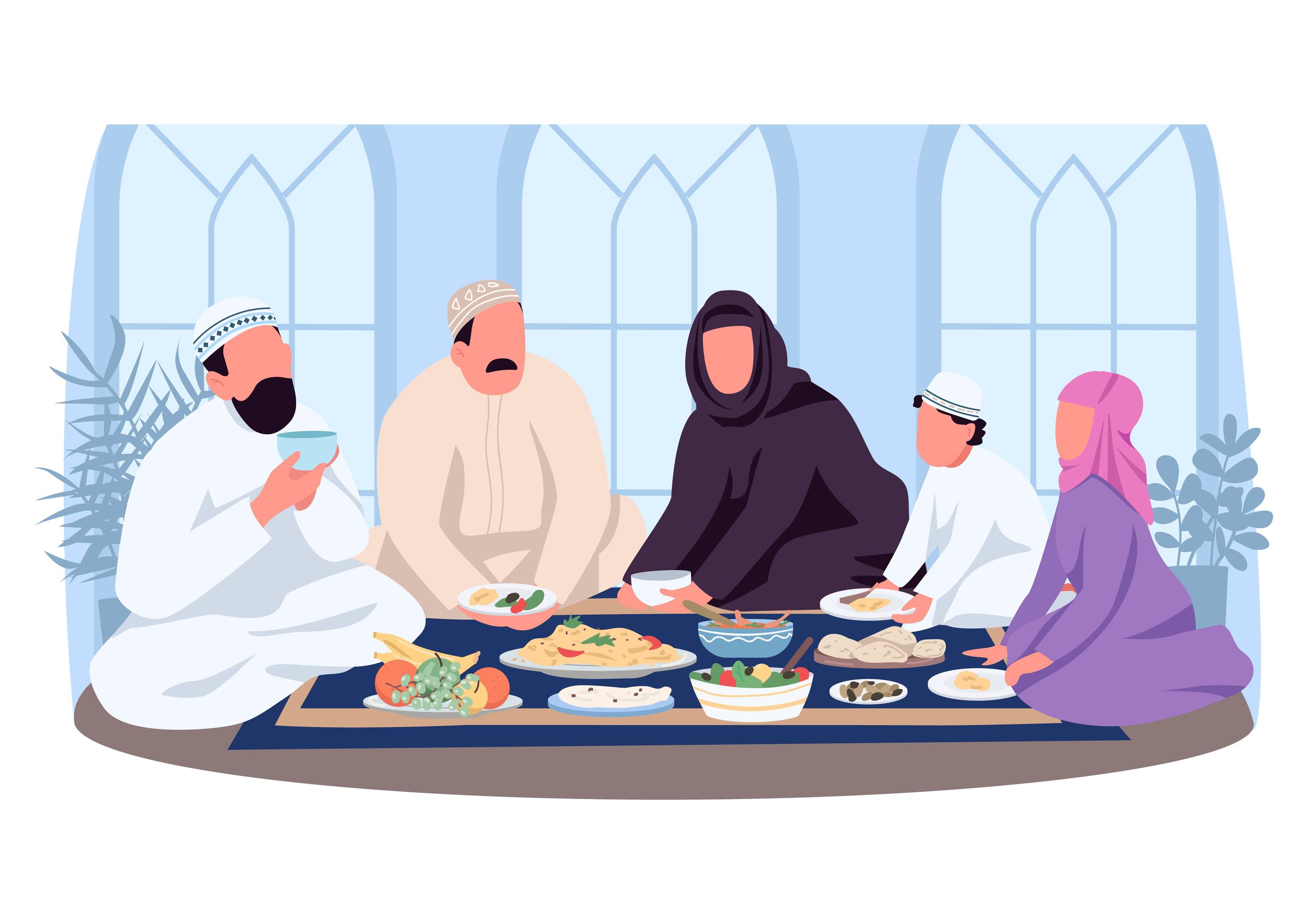Muslim traditional dinner 2D vector web banner, poster 1815266 Vector