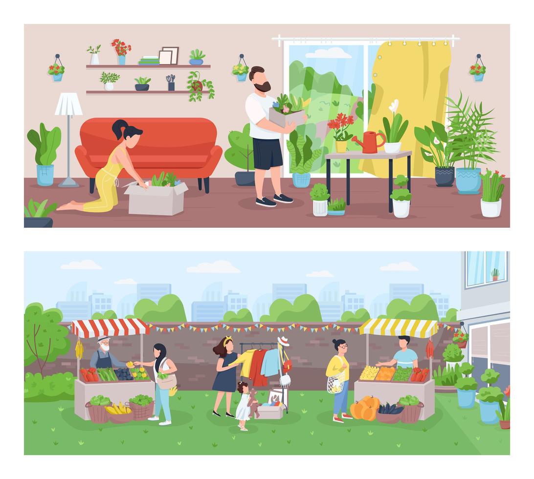 Gardeners and farmers flat color vector illustration set