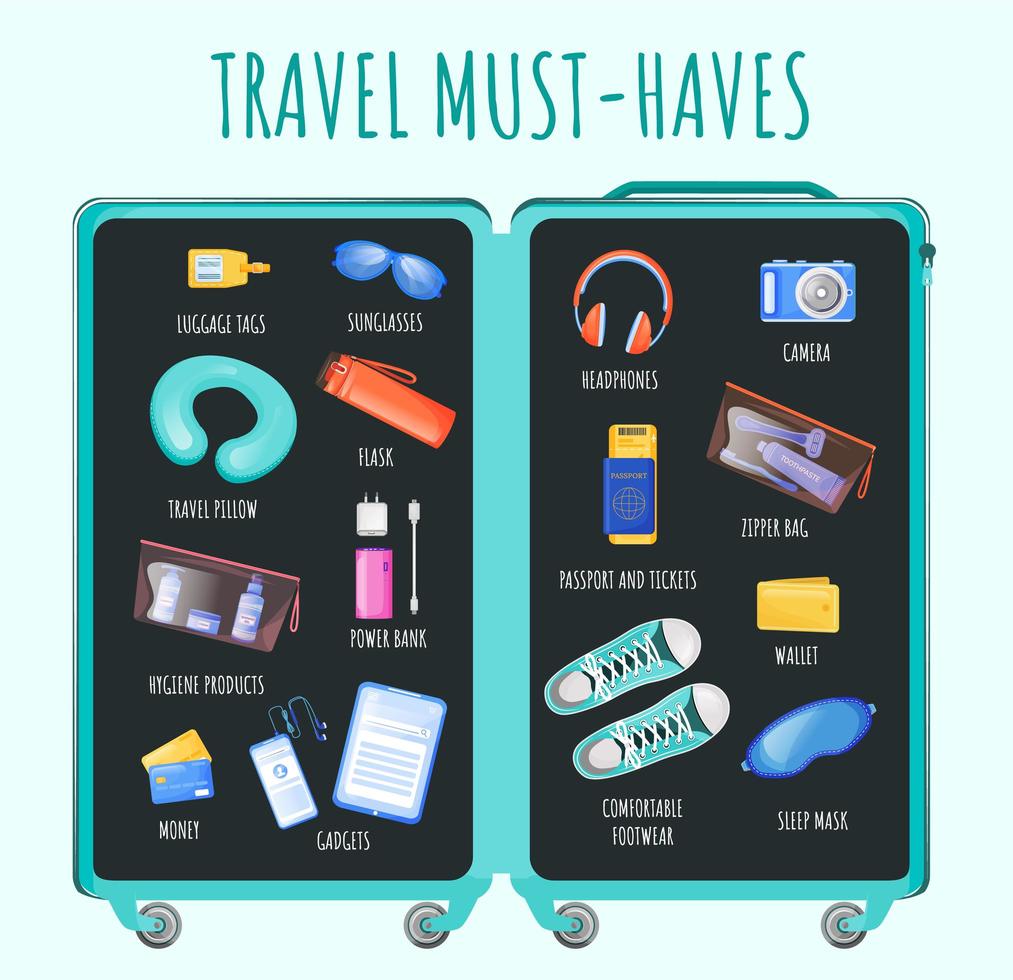 Travel must haves flat color vector informational infographic template