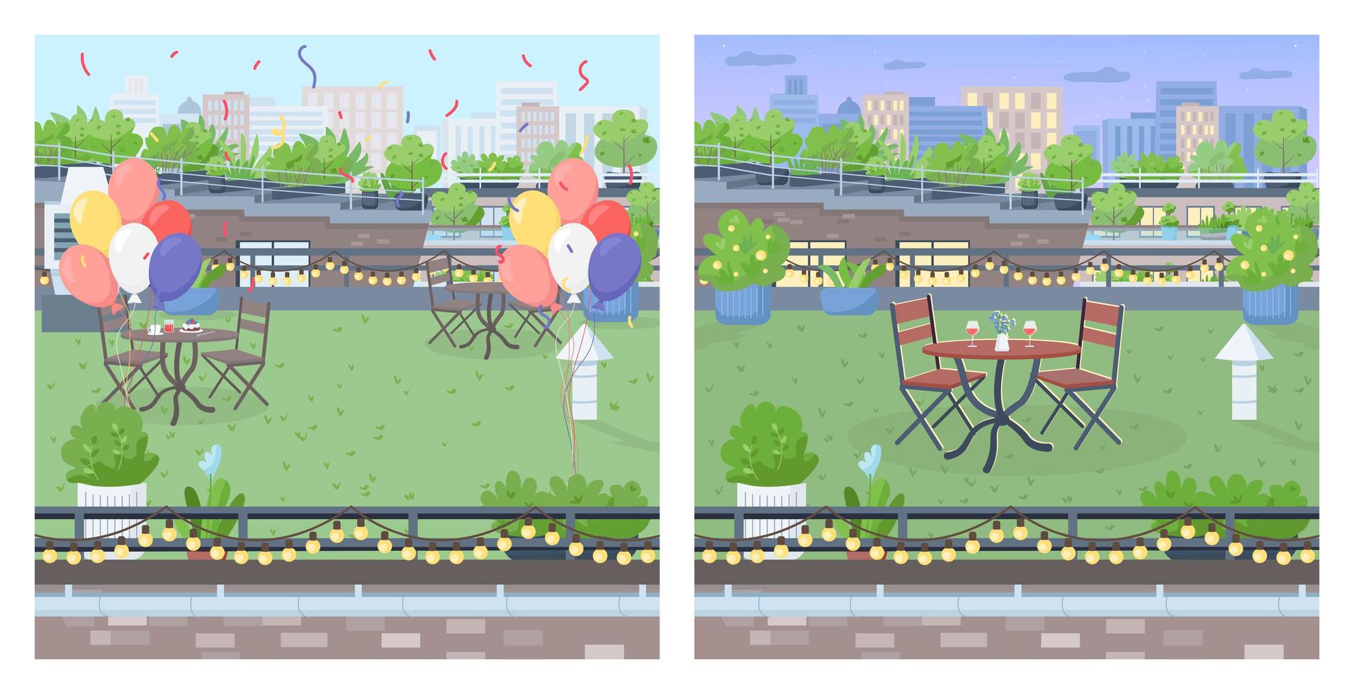 Rooftop for party flat color vector illustration set