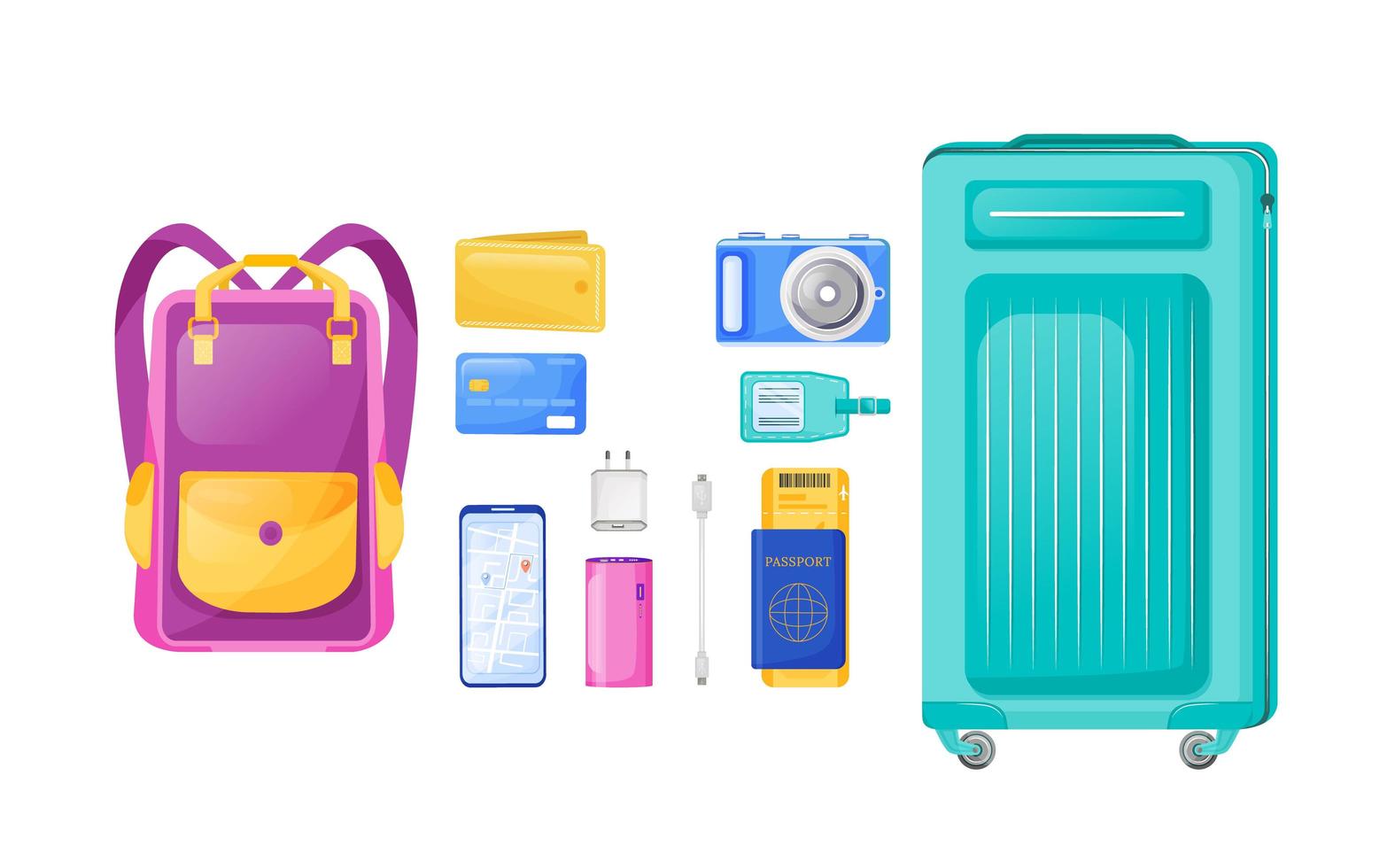 conjunto de objetos vectoriales de color plano de elementos esenciales de vuelo vector