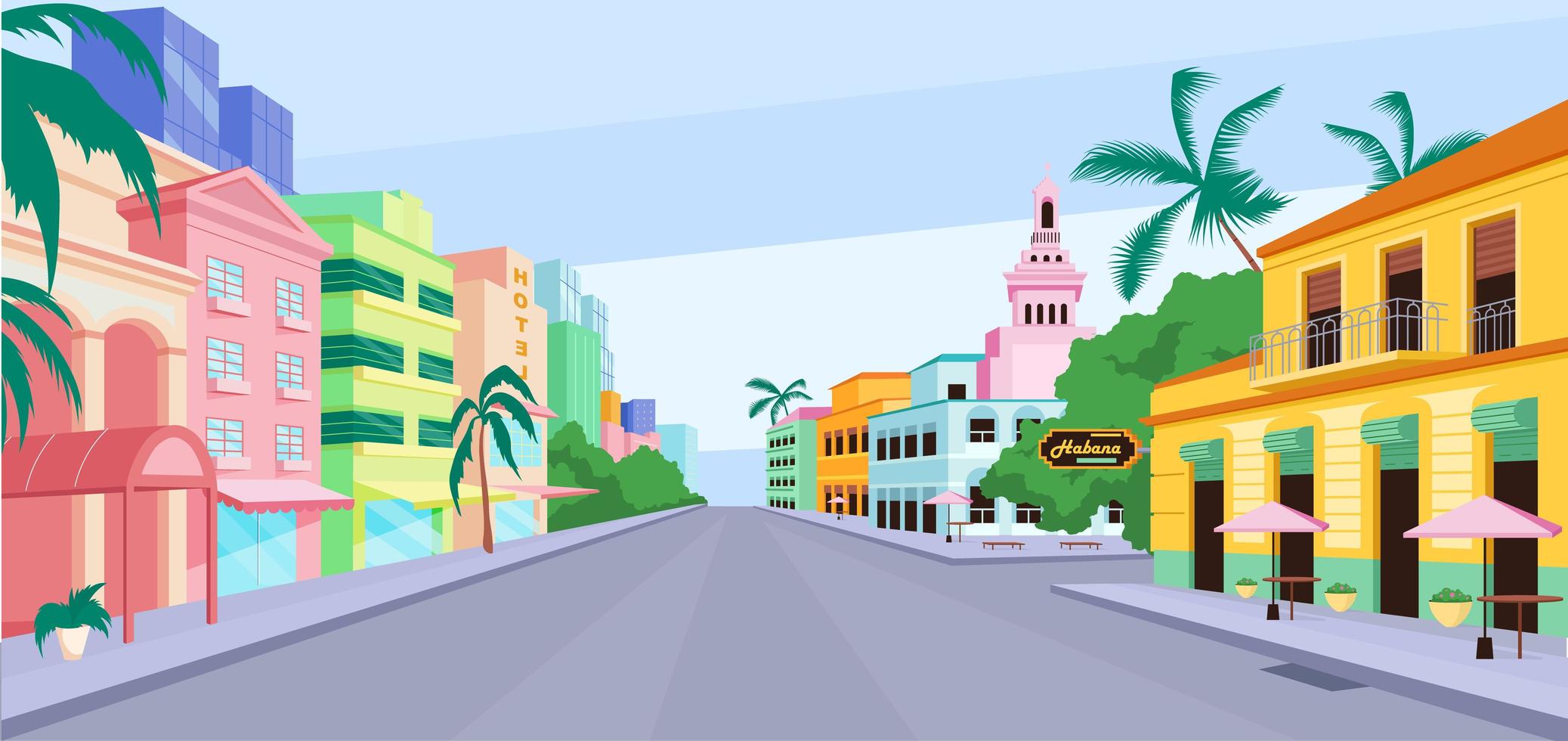 Ilustración de vector de color plano de la vida de la ciudad de Cuba