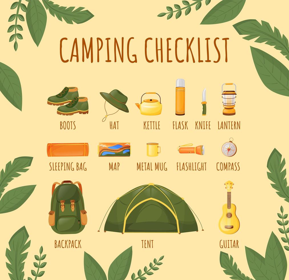 plantilla de infografía informativa de vector de color plano de lista de verificación de camping