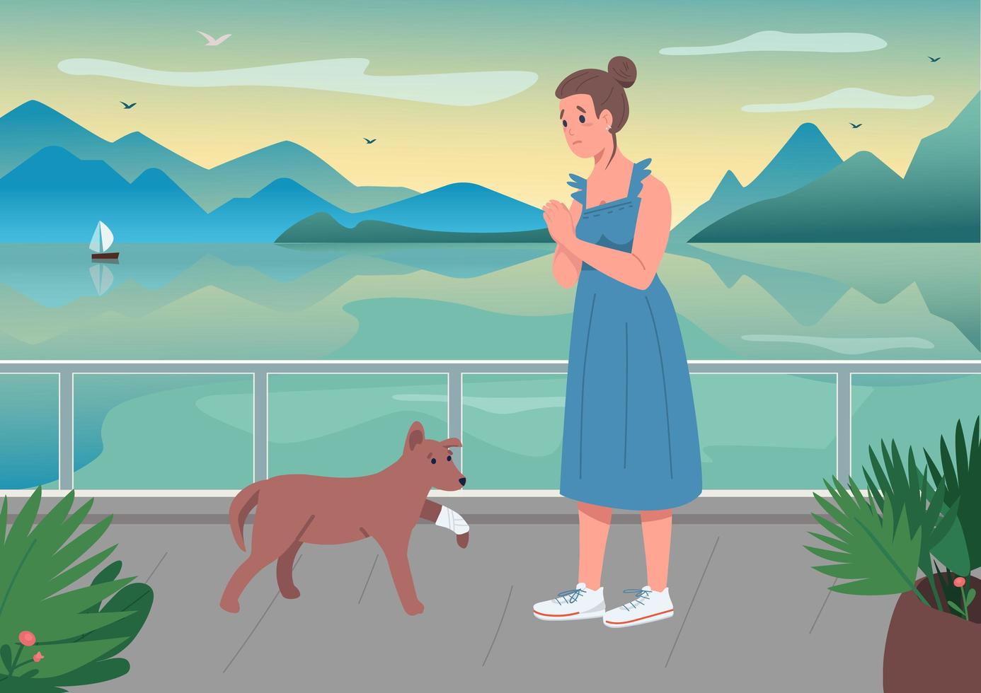 Injured pet with owner flat color vector illustration