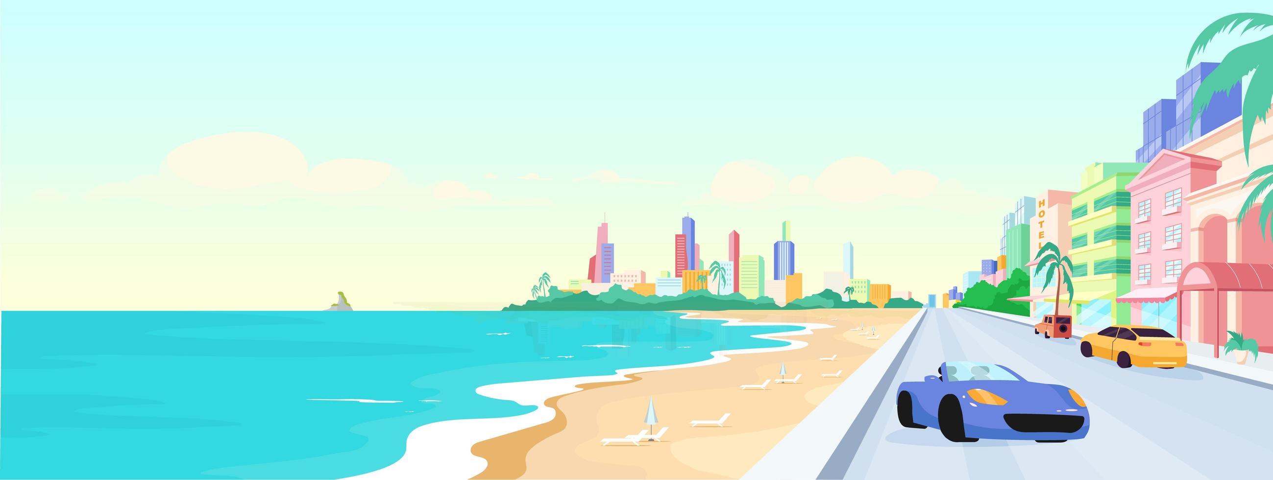 Miami beach at daytime flat color vector illustration