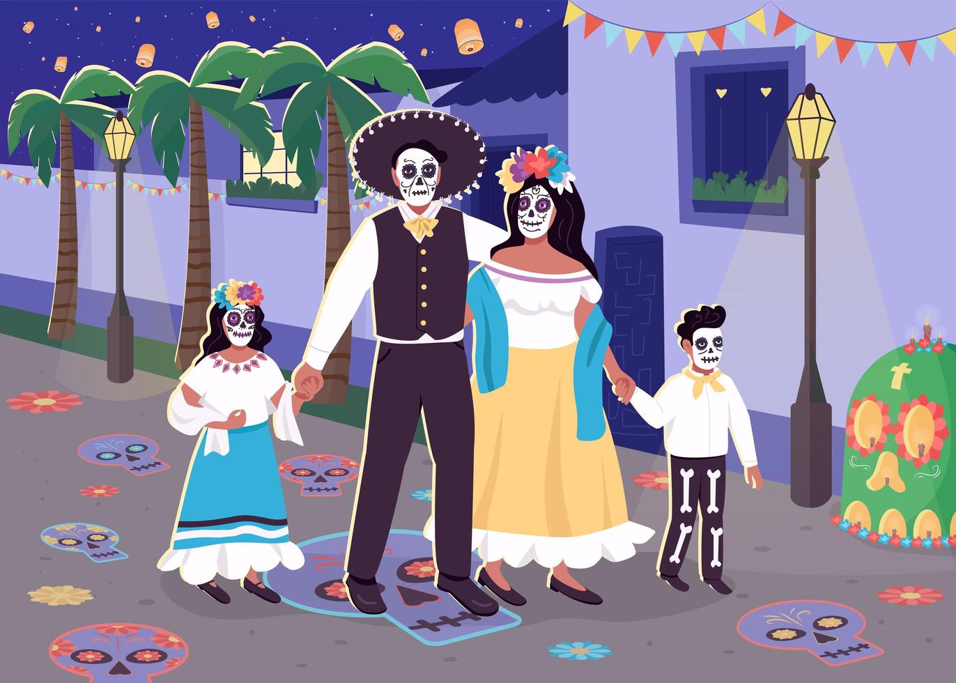 Carnival of dead flat color vector illustration