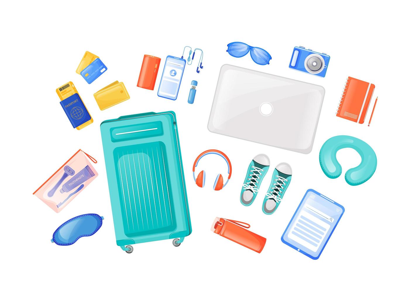 Travel essentials flat color vector objects set