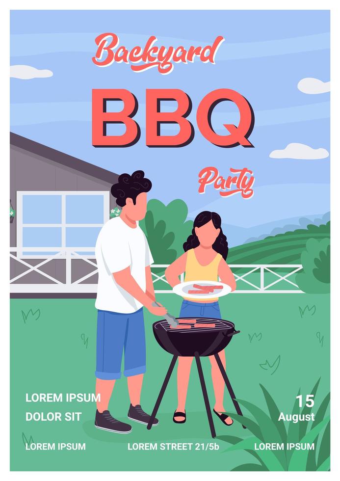 Backyard bbq party poster flat vector template