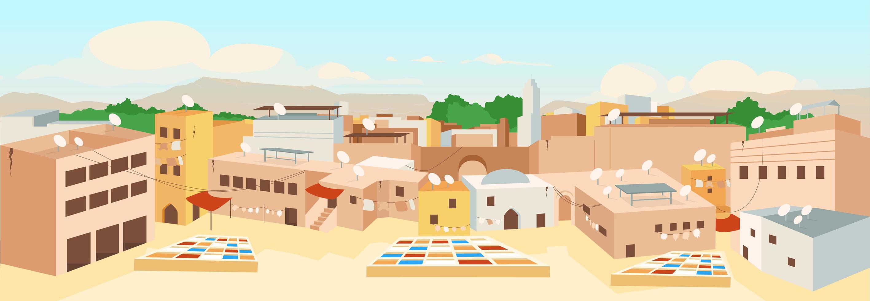 Tunisian old town flat color vector illustration