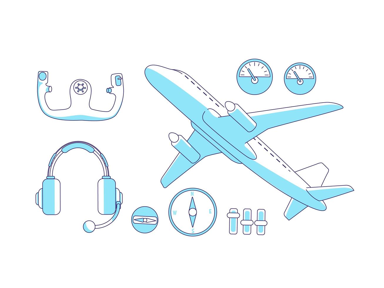 Aviation items turquoise linear objects set vector