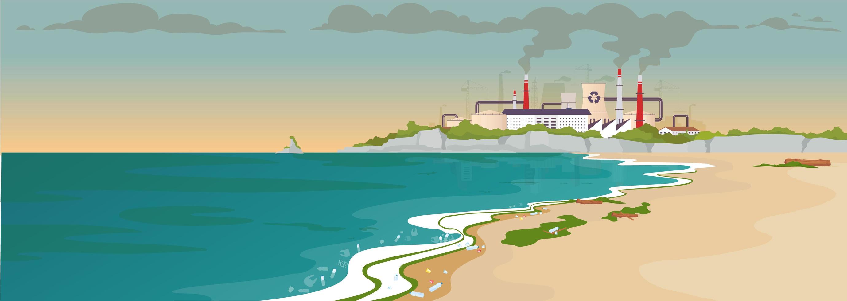 Ilustración de vector de color plano de playa de arena contaminada