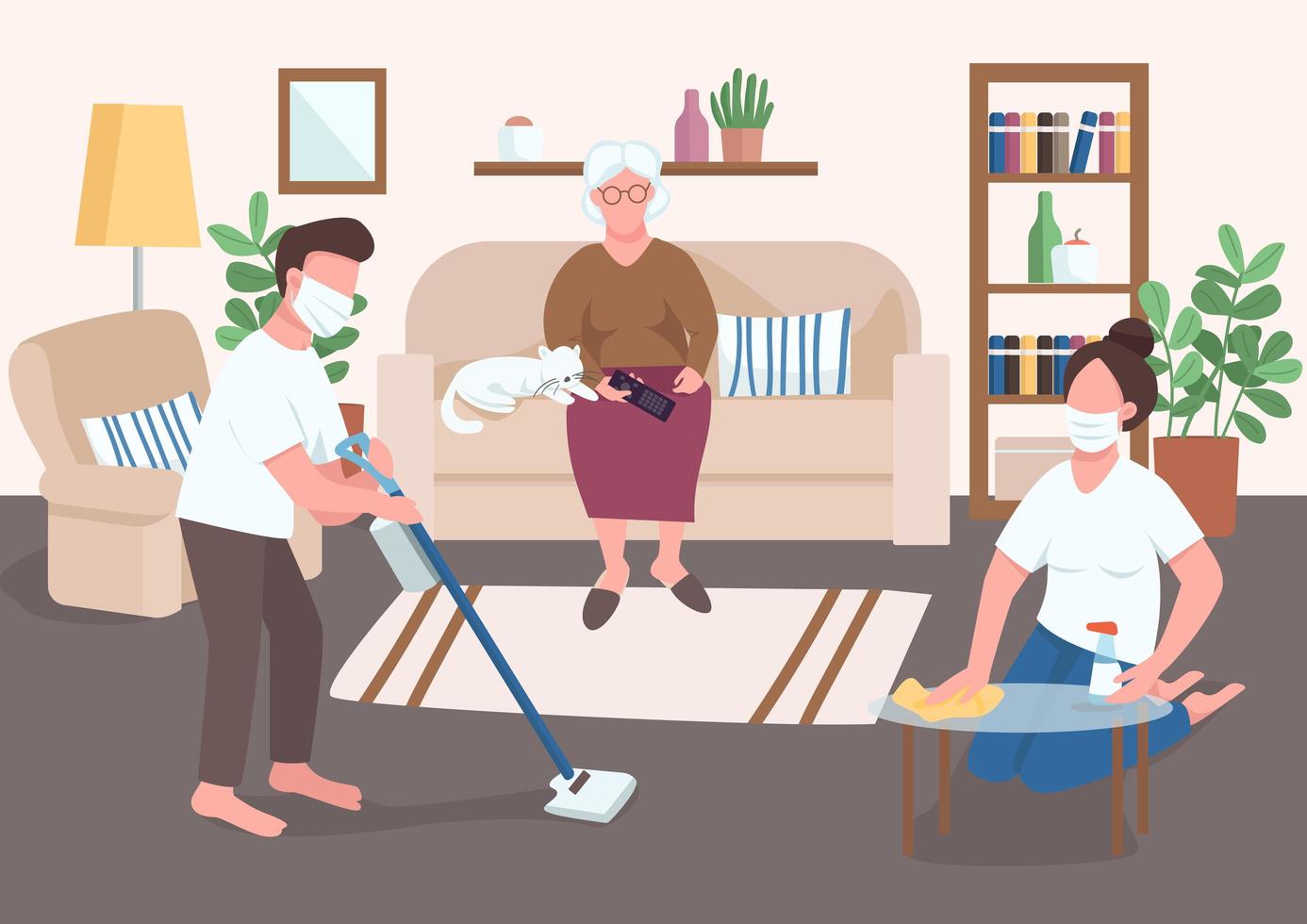 Grandchildren help elder flat color vector illustration