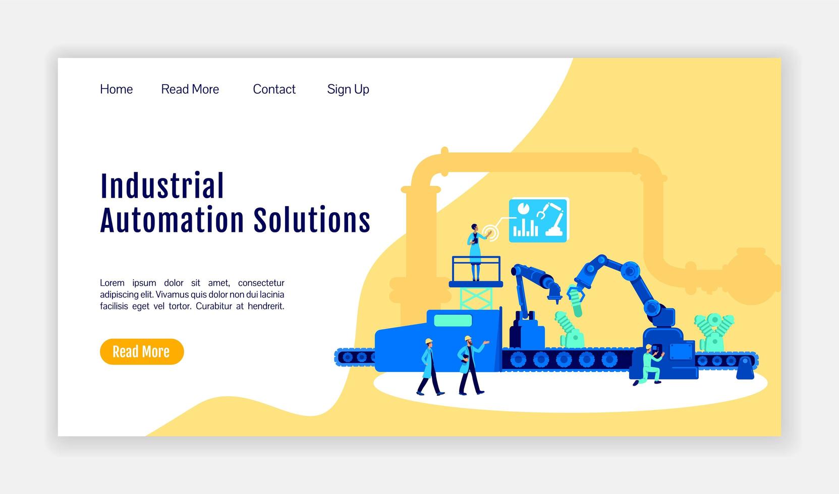 Plantilla de vector de color plano de página de destino de soluciones de automatización industrial