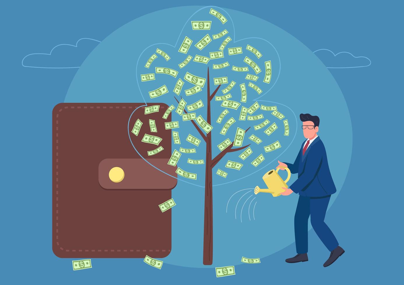 hombre de negocios, regar, dinero, árbol, plano, concepto, vector, ilustración vector
