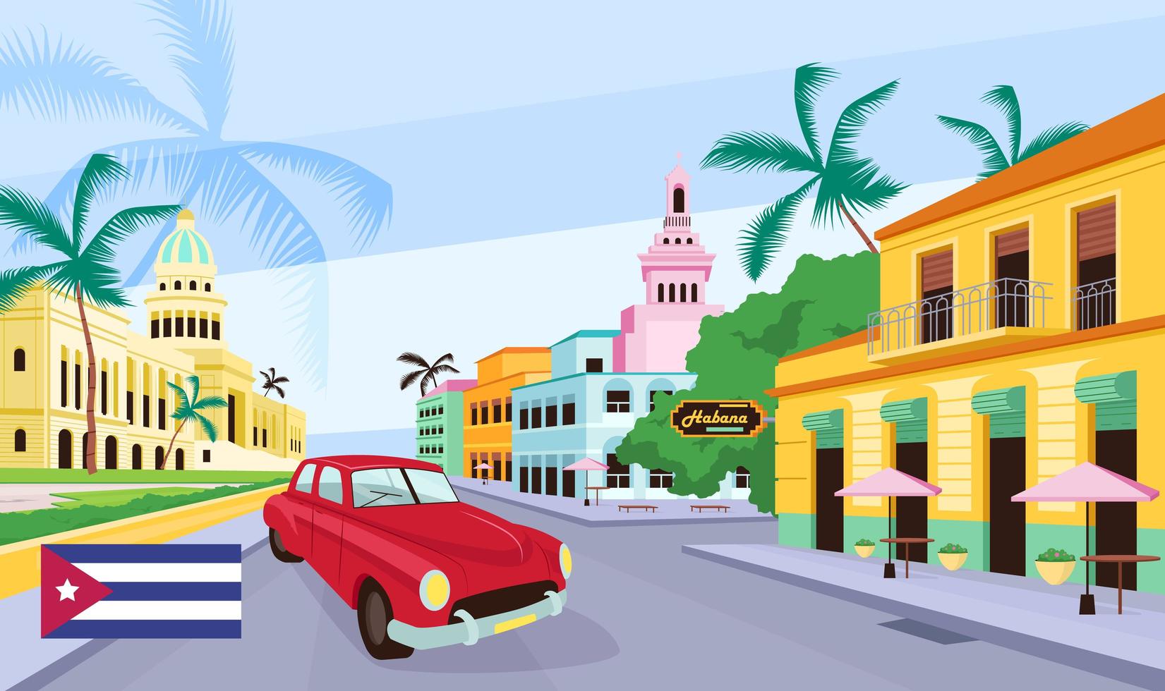 Cuban old street flat color vector illustration