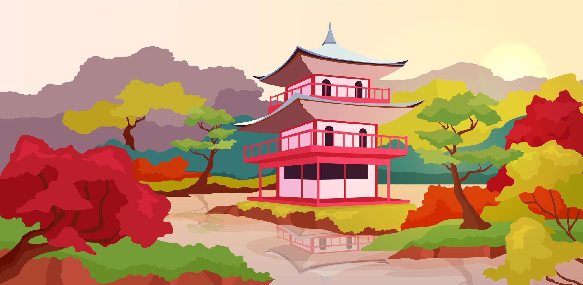 Asian pagoda flat color vector illustration