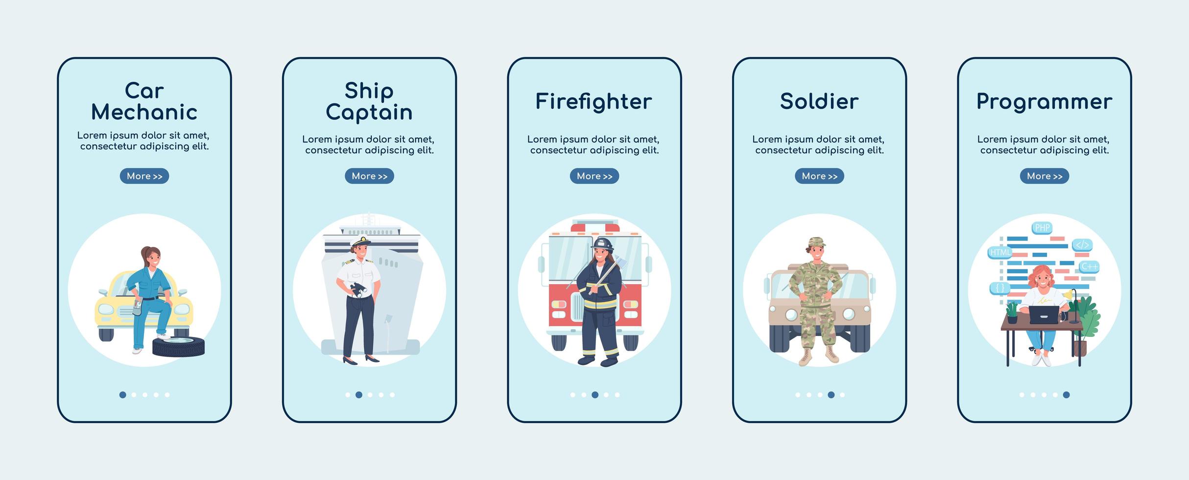 Non traditional women jobs onboarding mobile app screen flat vector template