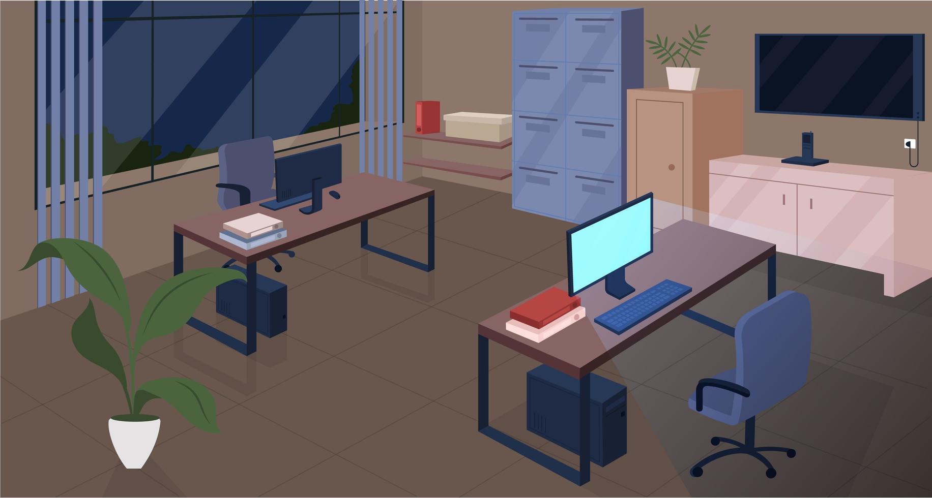 Open space office at night flat color vector illustration