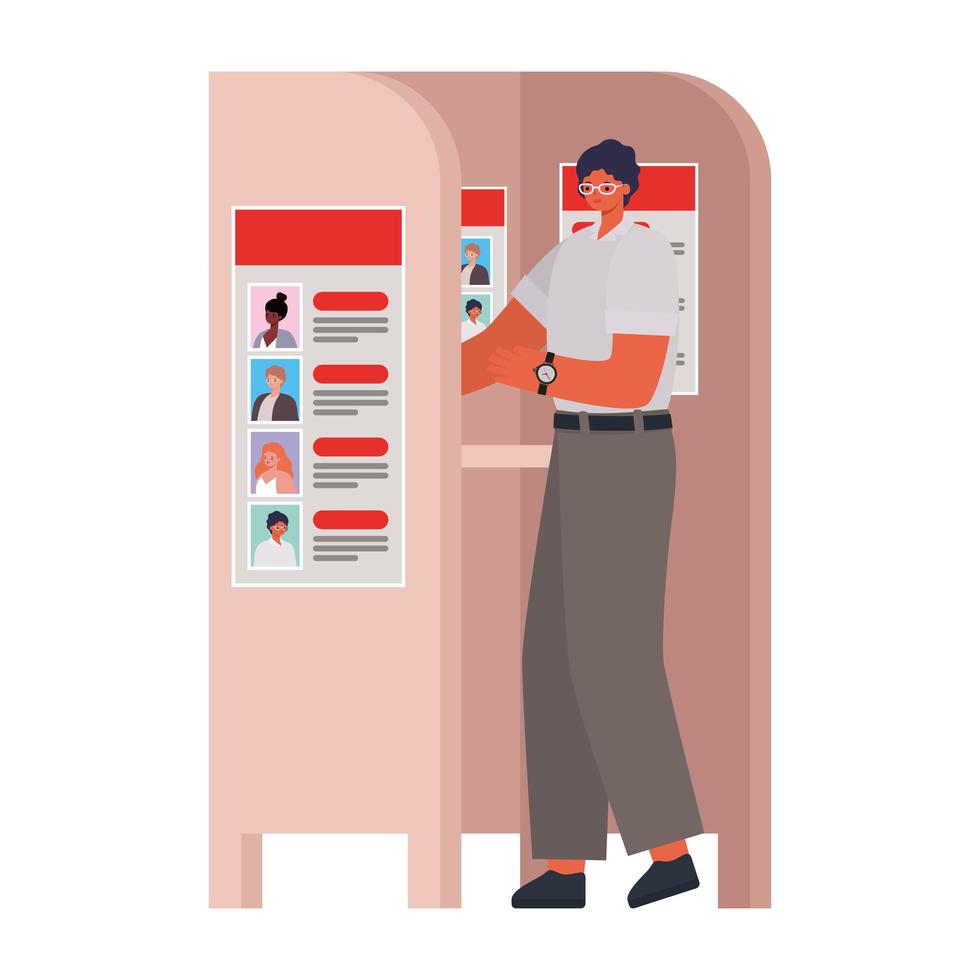 man voting with black hair and whithe shirt in voting booth vector