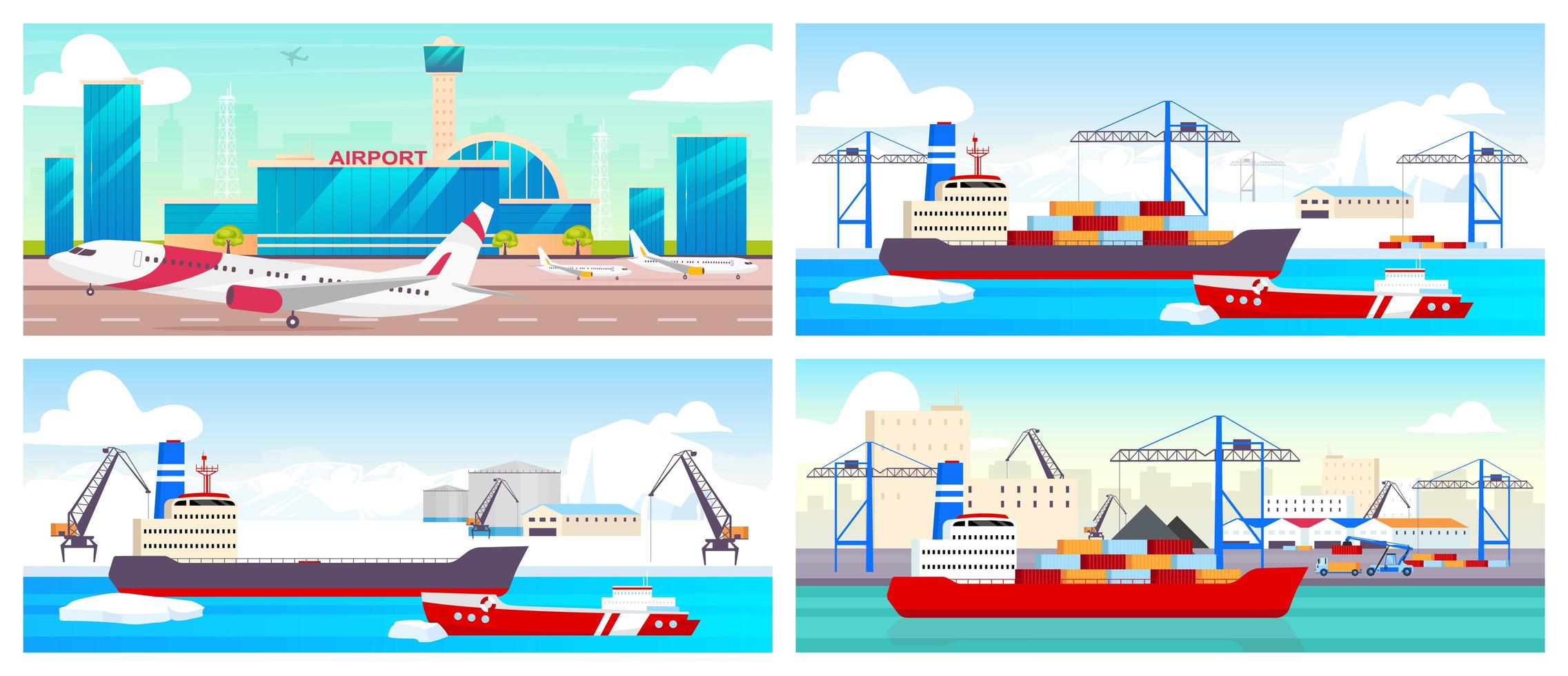 Airport and seaports flat color vector illustrations set