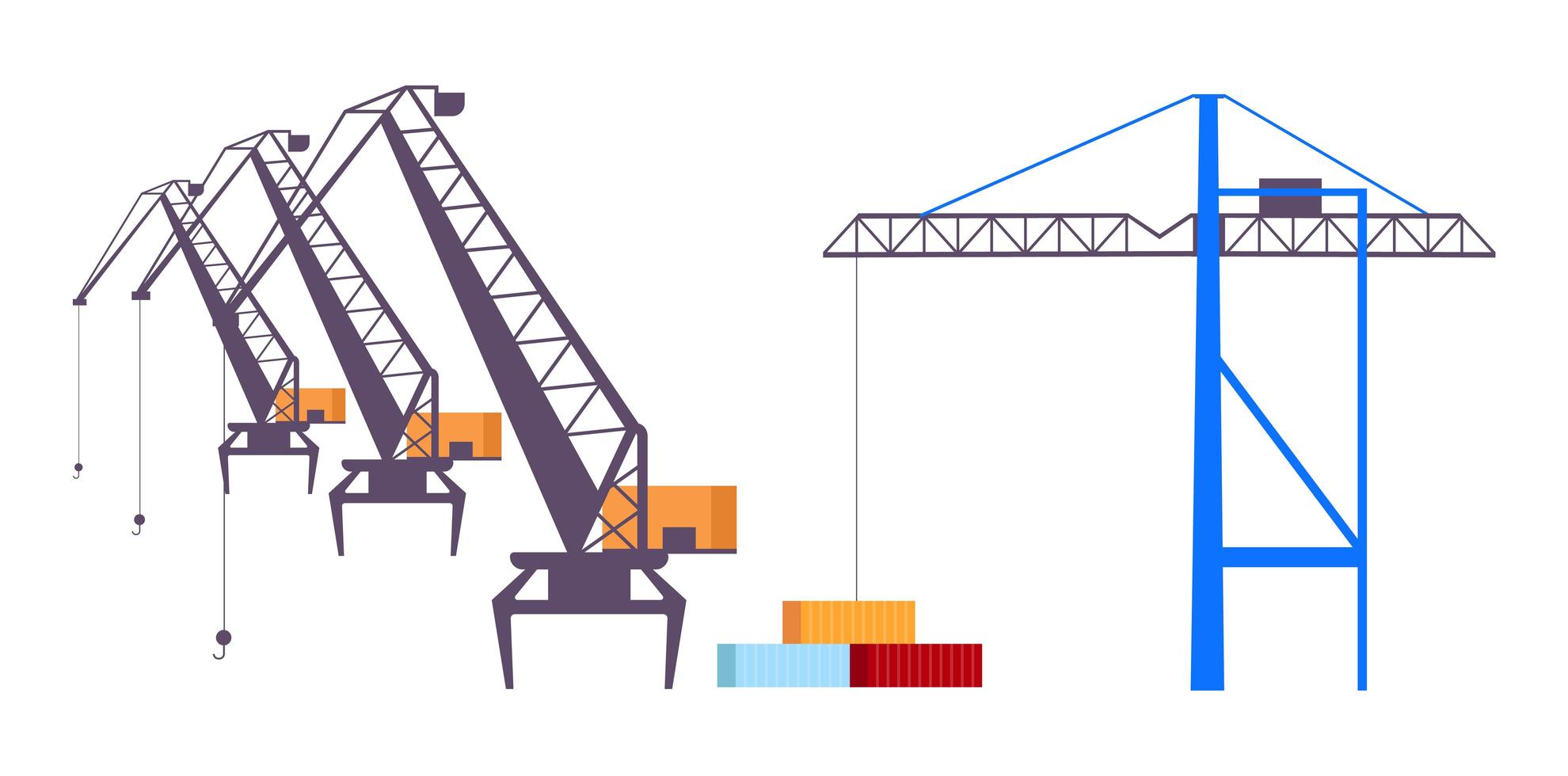 Industrial cranes flat color vector objects set