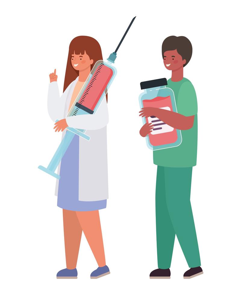 Woman and man doctor with uniform injection and medicine jar vector design