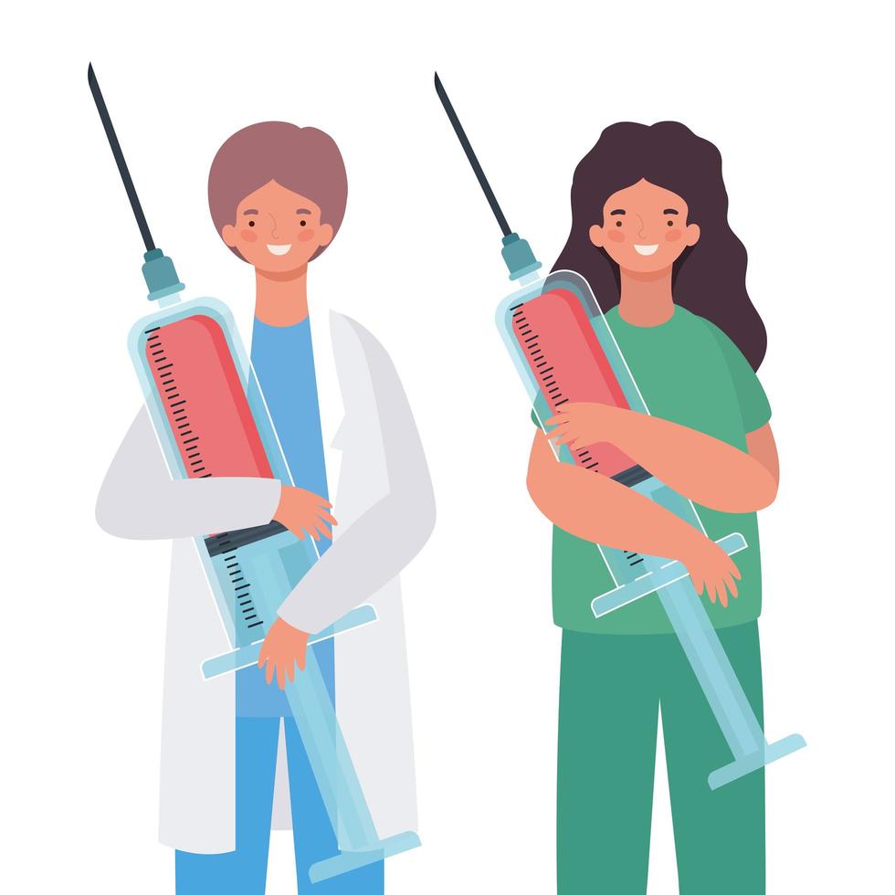 Woman and man doctor with uniform and injection vector design