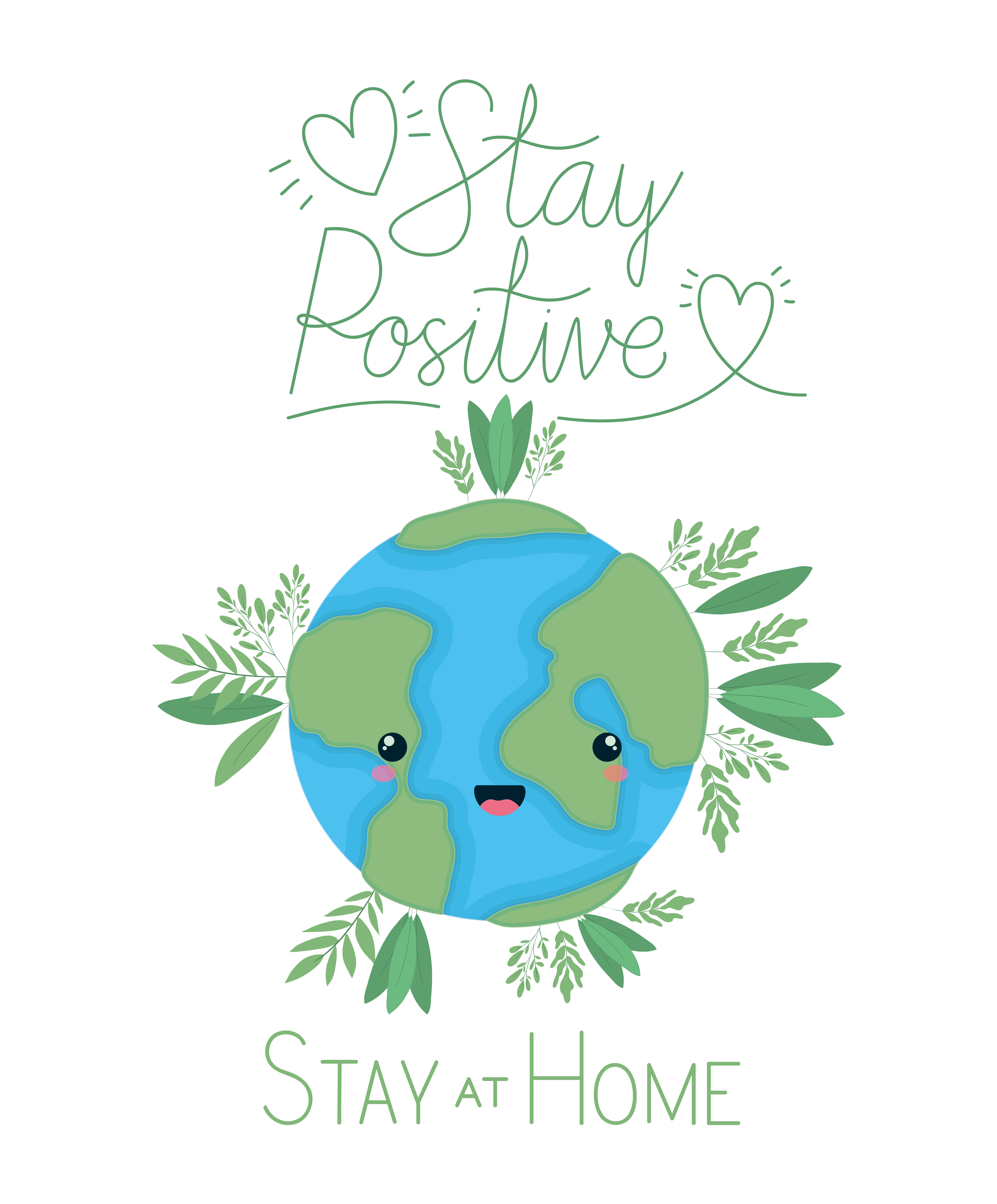 kawaii world cartoon and stay positive and at home text vector design  1815818 Vector Art at Vecteezy