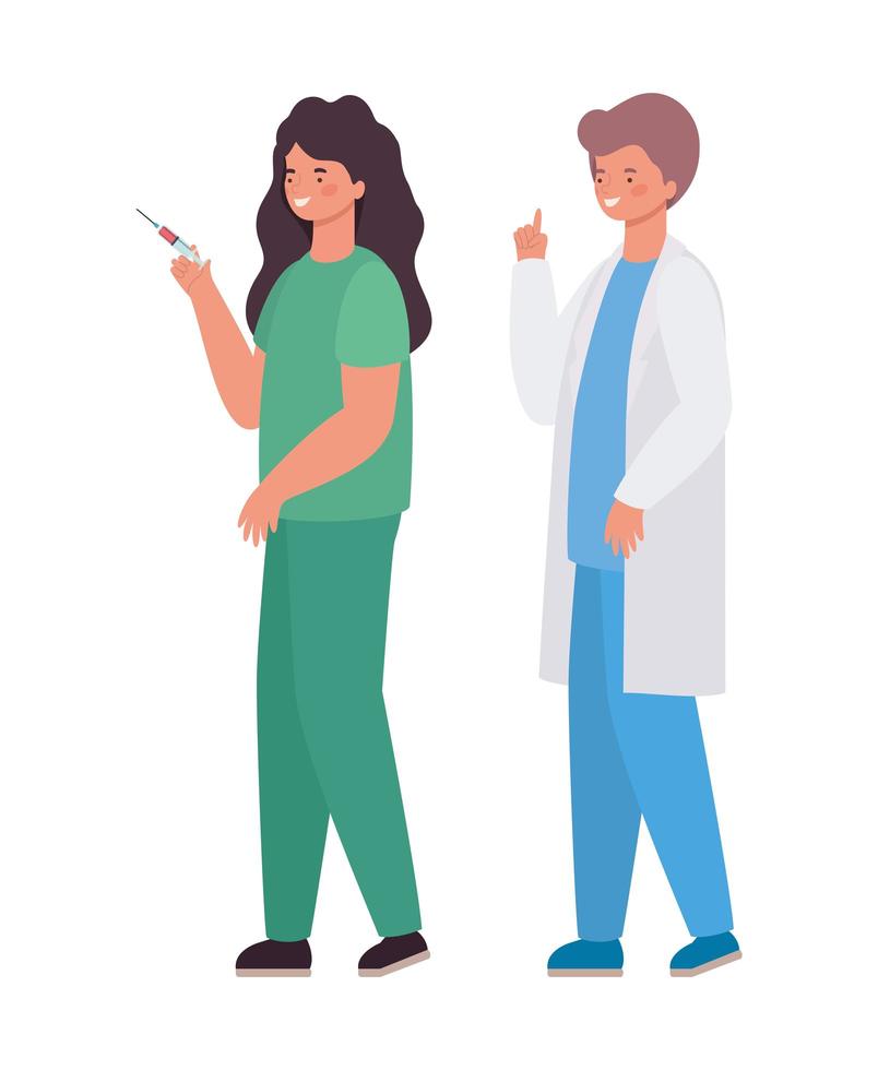 Woman and man doctor with uniform and injection vector design