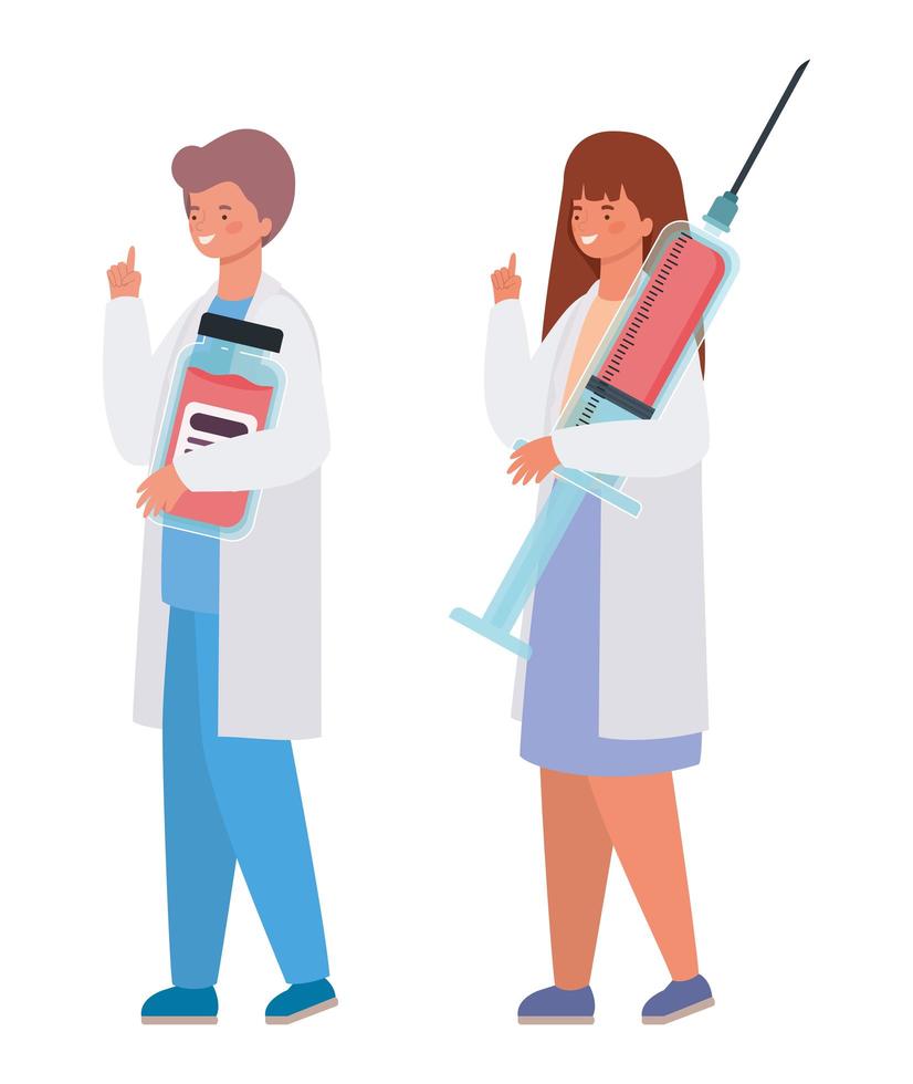 Woman and man doctor with uniform injection and medicine jar vector design