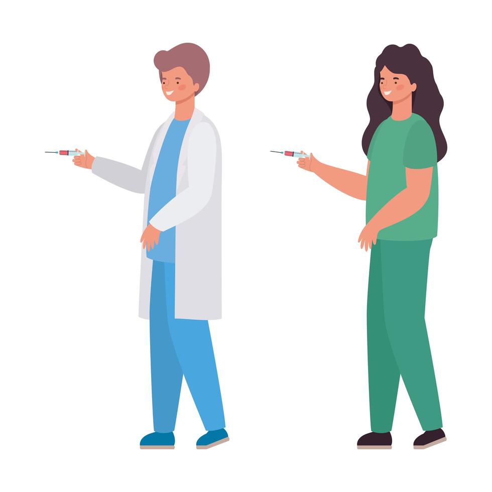 Doctor mujer y hombre con diseño vectorial uniforme y de inyección vector