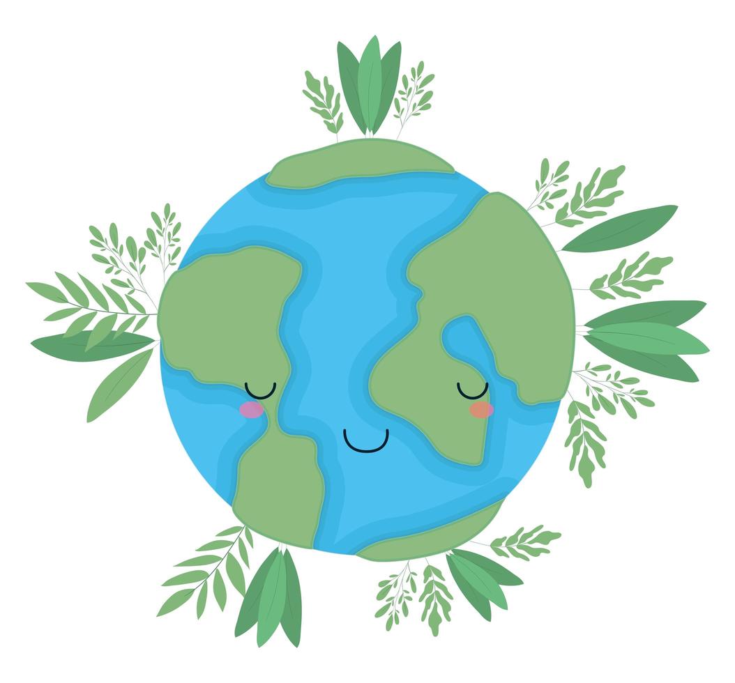 Dibujos animados de esfera mundial kawaii con diseño de vector de hojas