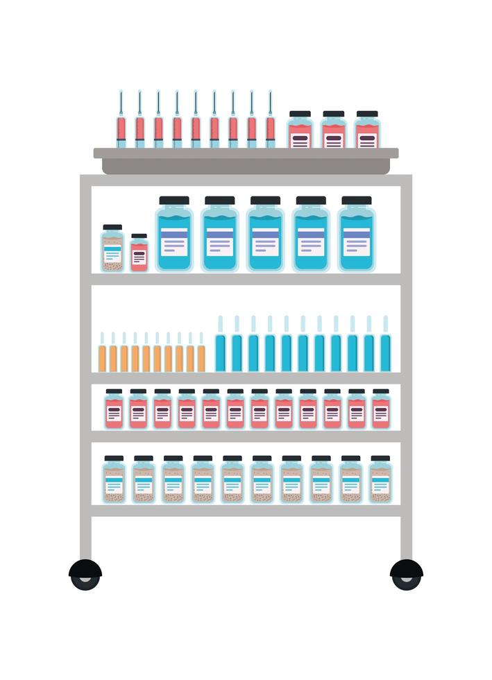 Medicine jars tubes and injections cart vector design