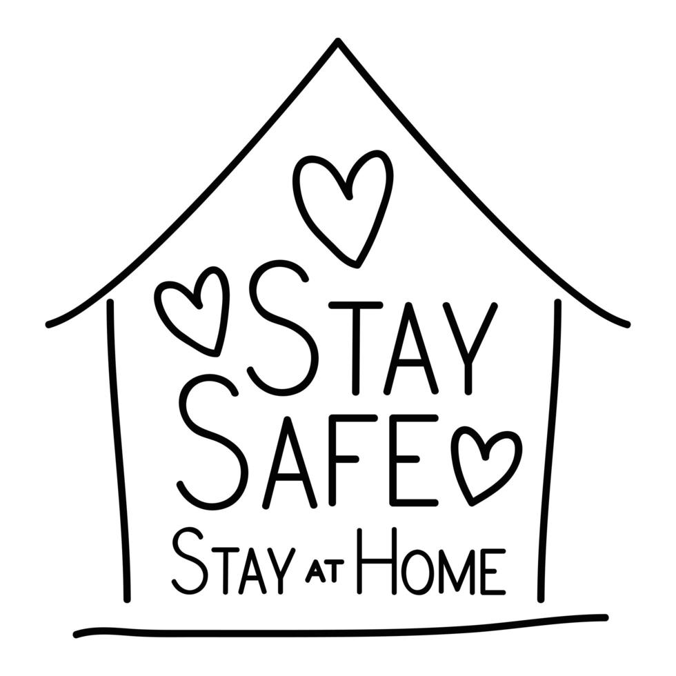 Stay safe and at home text with hearts and house vector design